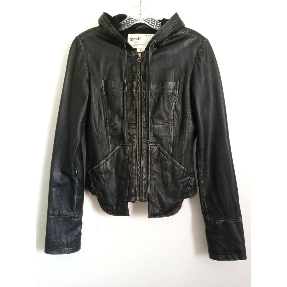 EVER Leather Hoodie Jacket NWOT Moto S XS Black Distressed Zip Lined Pockets